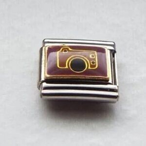 Camera on purple enamel 9mm stainless steel italian charm bracelet link new